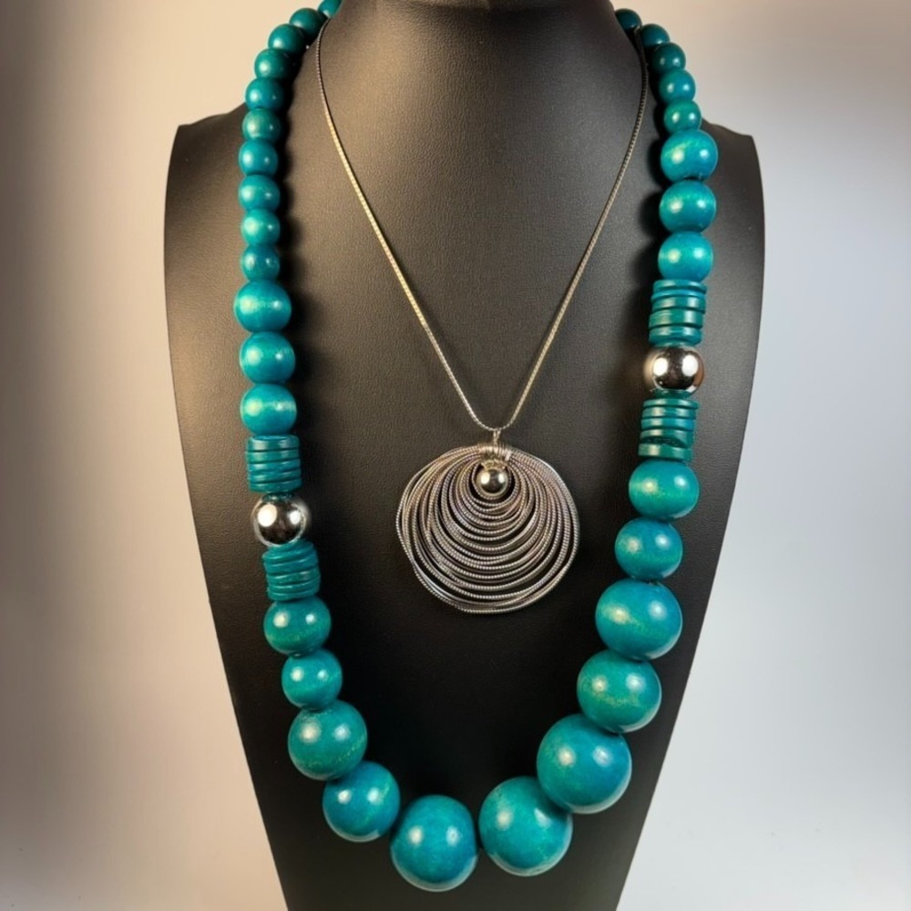 Necklace Lot Vintage Boho Painted Blue Wood Metal Coil Huge Long for Stacking